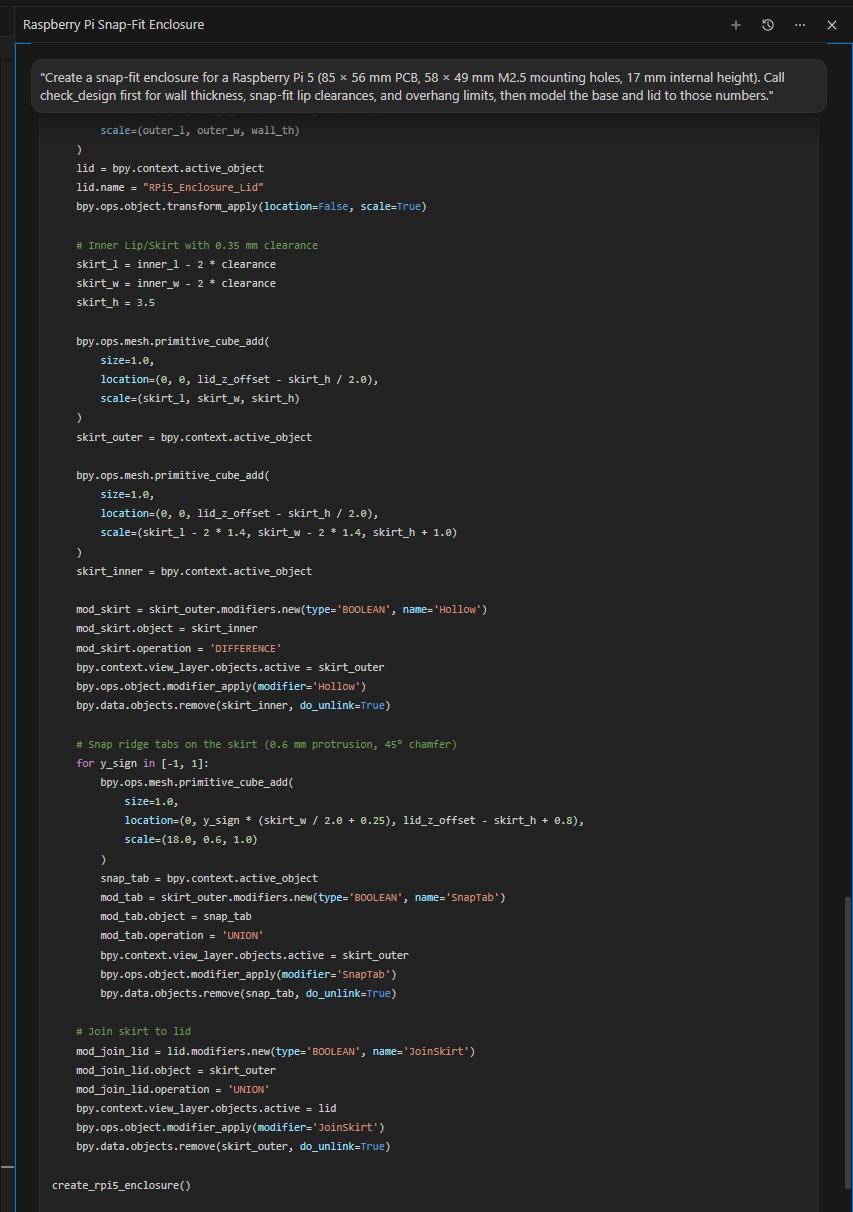 Google Antigravity generating Blender Python code for a Raspberry Pi enclosure