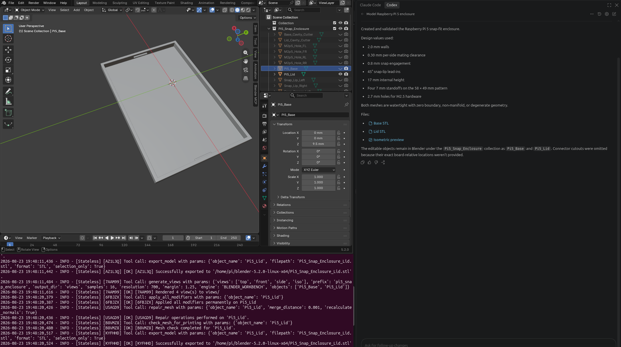 OpenAI Codex generating a Raspberry Pi 5 snap-fit enclosure