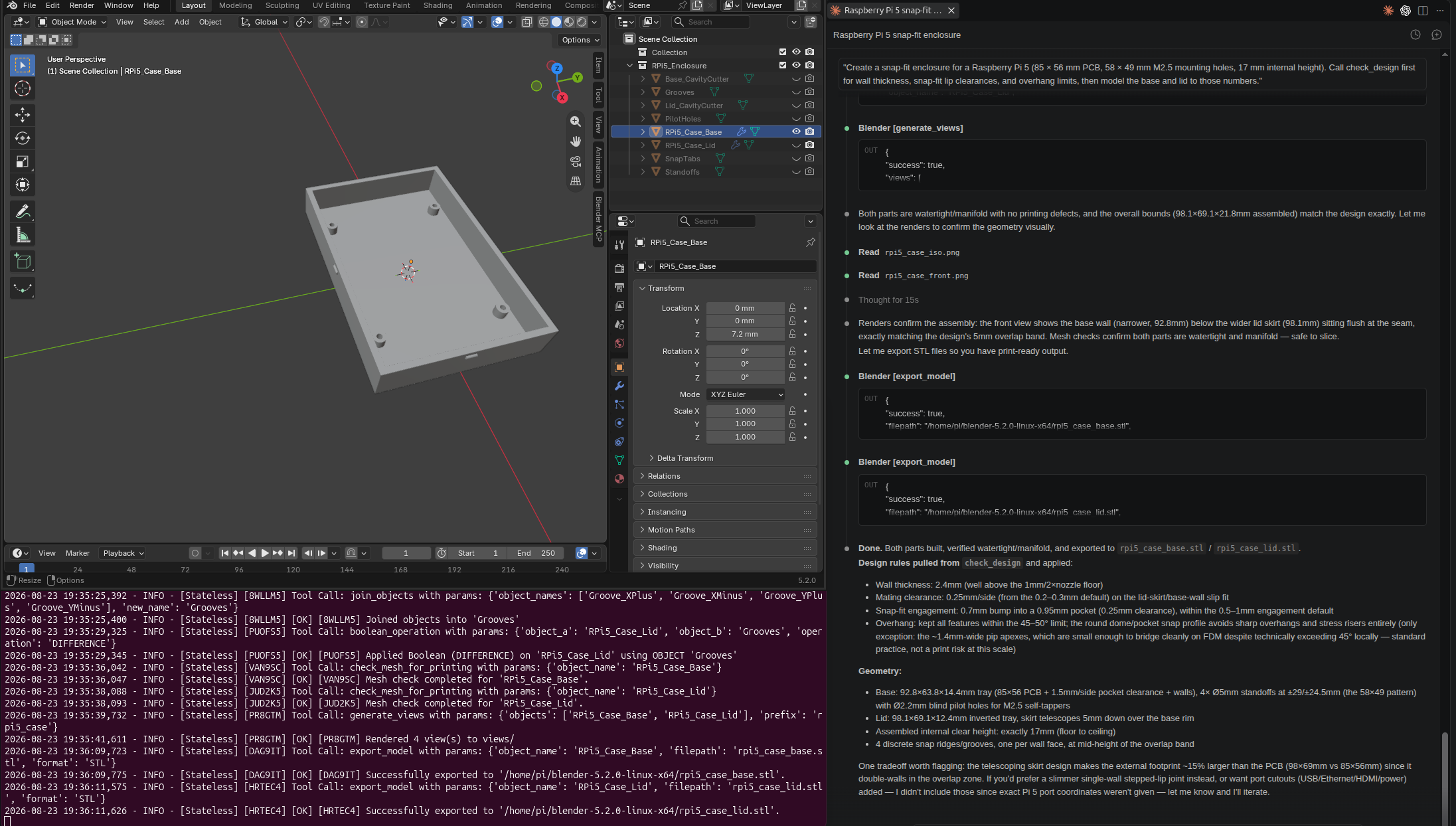 Claude generating and validating a Raspberry Pi 5 snap-fit enclosure in Blender