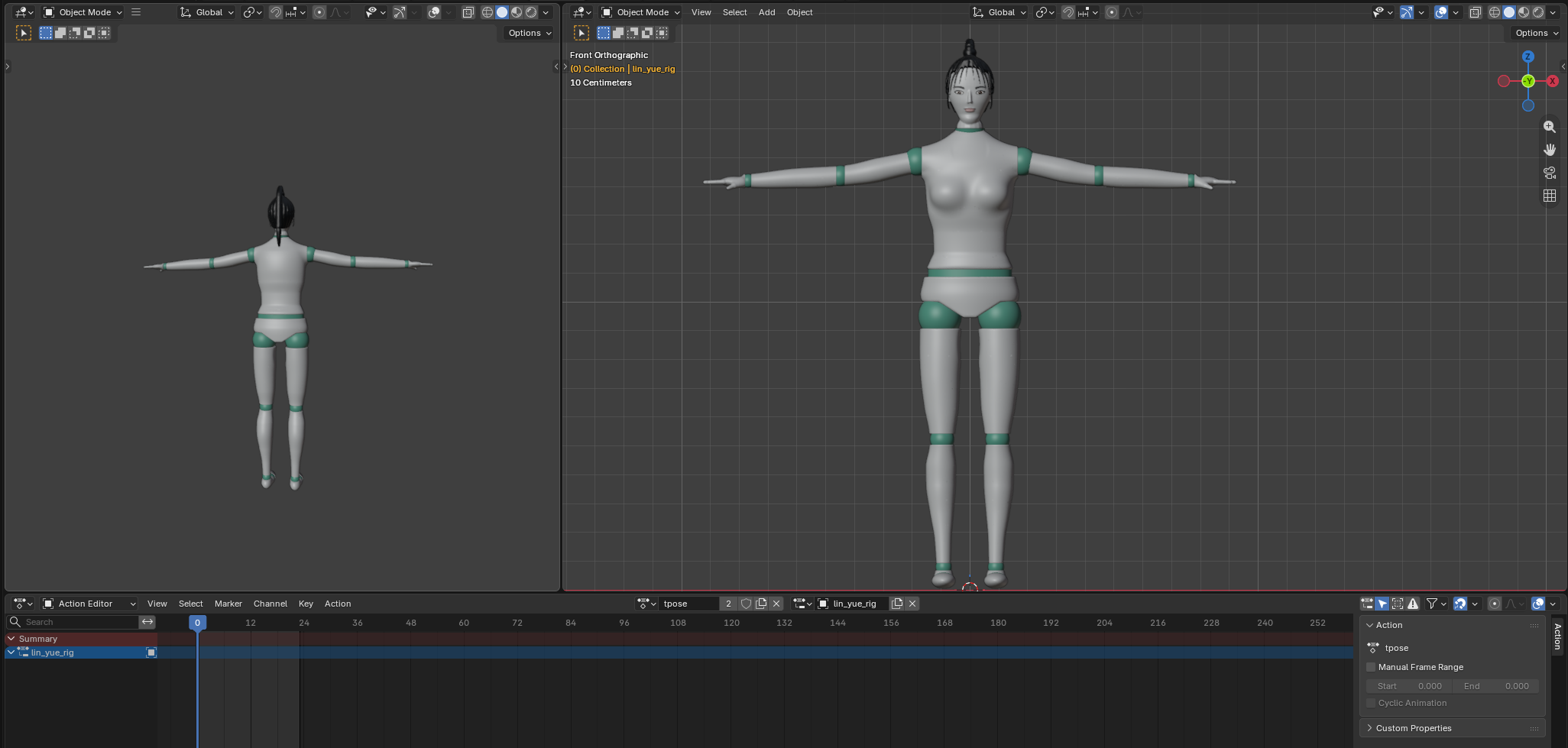 Current Lin Yue character in Blender, seen from the back and front