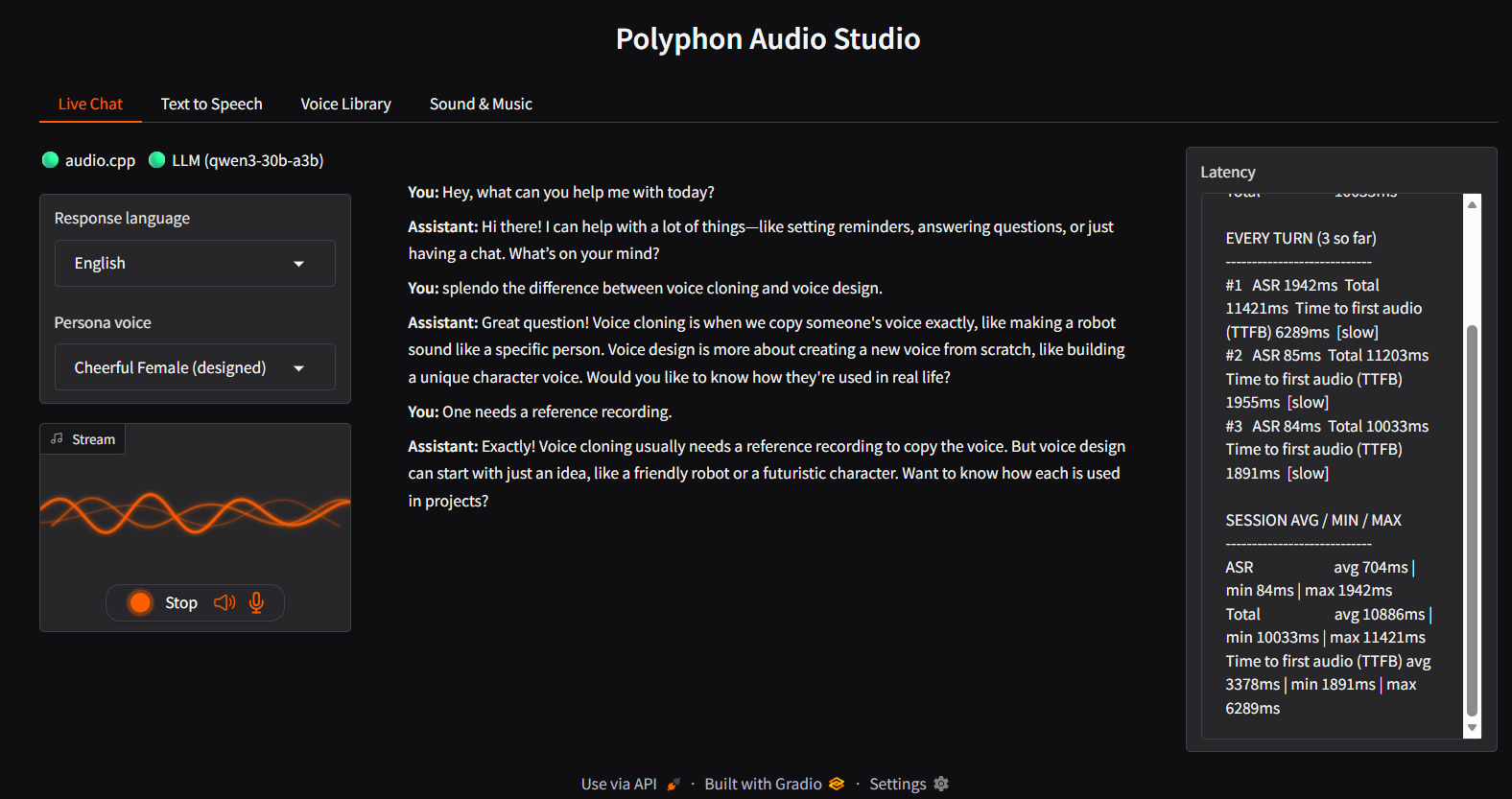 Polyphon Audio Studio - Live Chat tab with real-time voice conversation and latency stats