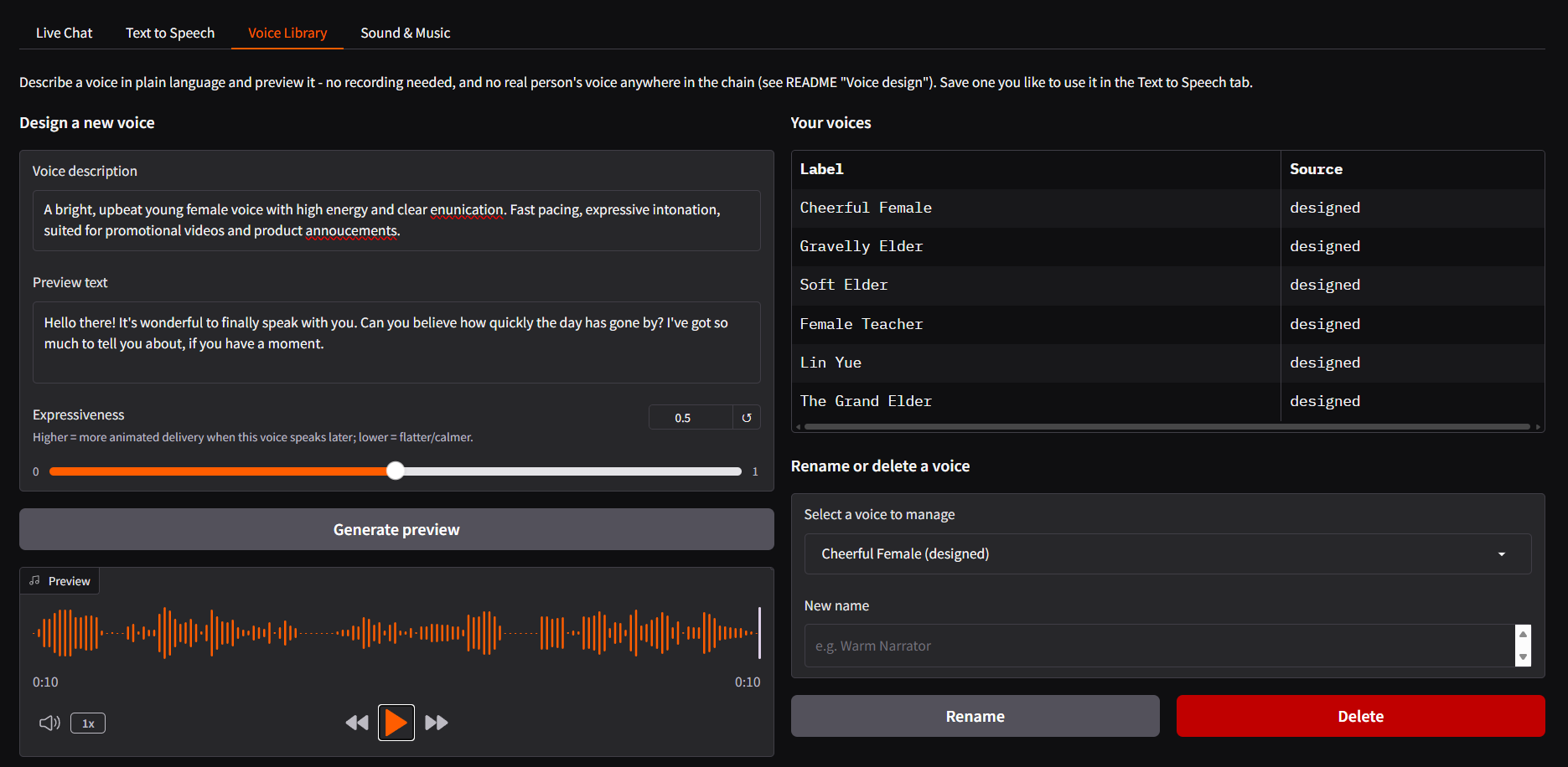 Polyphon Audio Studio - four-tab Gradio web UI: Live Chat, Text to Speech, Voice Library, and Sound & Music